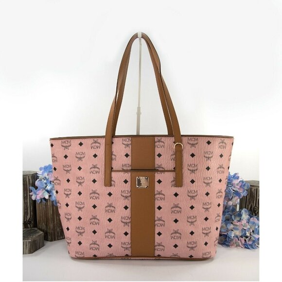 MCM Anya Baby Pink Visetos Logo Stripe Large Tote Bag NWT - Picture 5 of 10